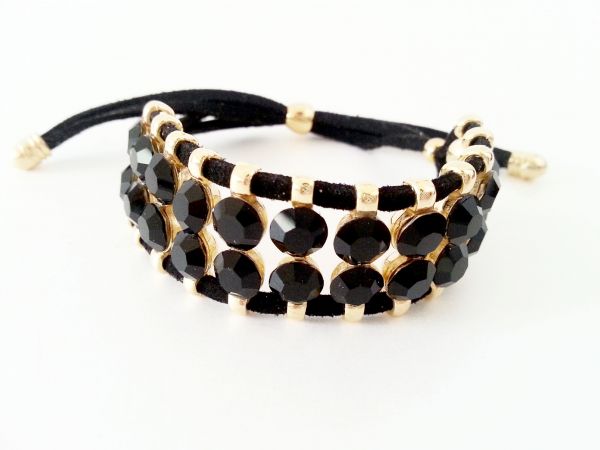 PULSEIRA STRASS SWAROVSKI BASE DUPLA COM FIOS DE COURO